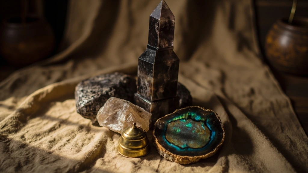 A still life of polished crystals — smoky quartz tower, labradorite, and moss agate — on raw linen.