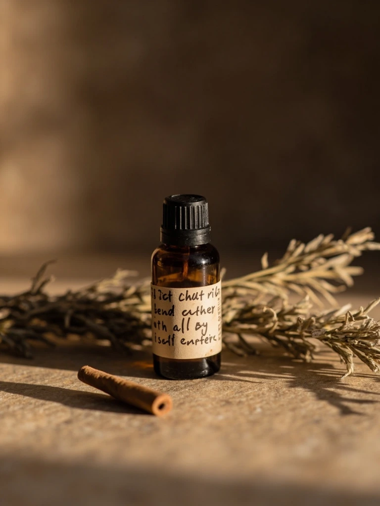 Amber apothecary bottles and dried herb bundles on aged paper.