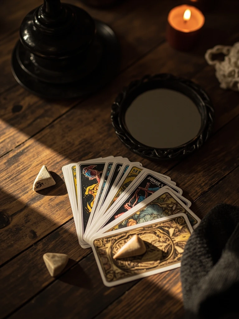 A tarot deck fanned beside a scrying mirror and casting bones on a wooden table.