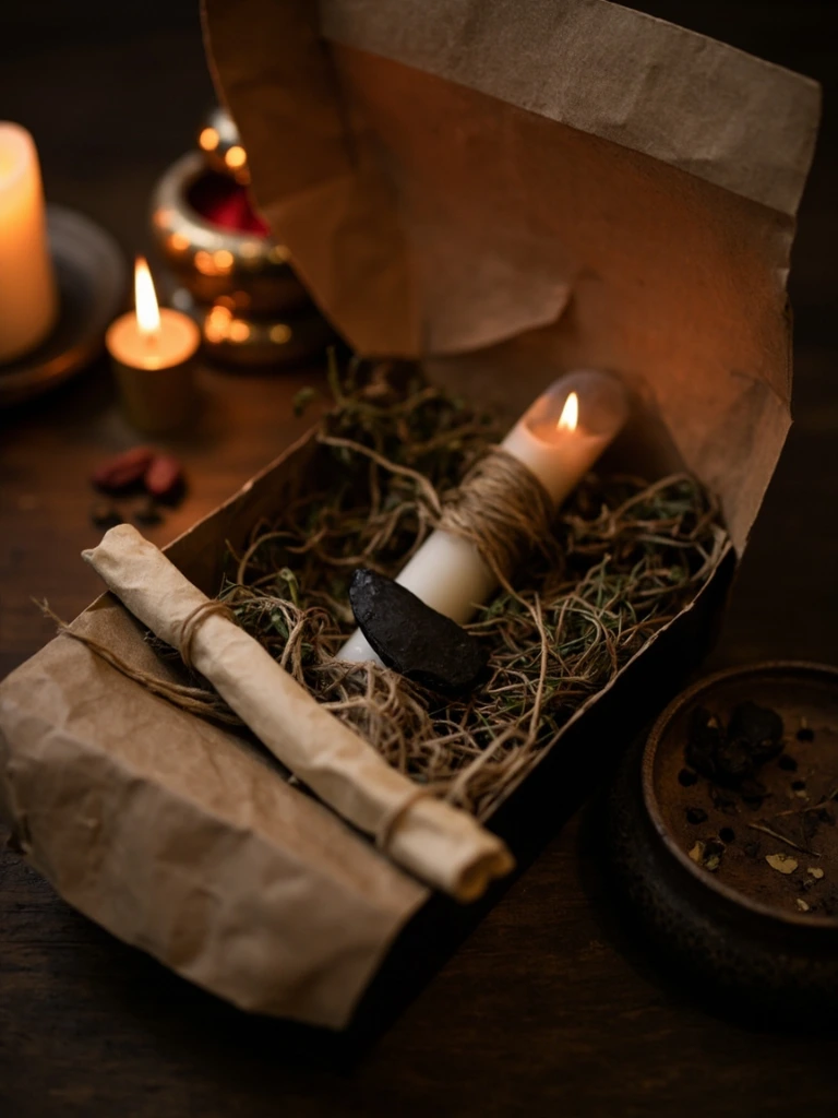 An open spell kit with dried herbs, a black taper candle, and a parchment scroll.