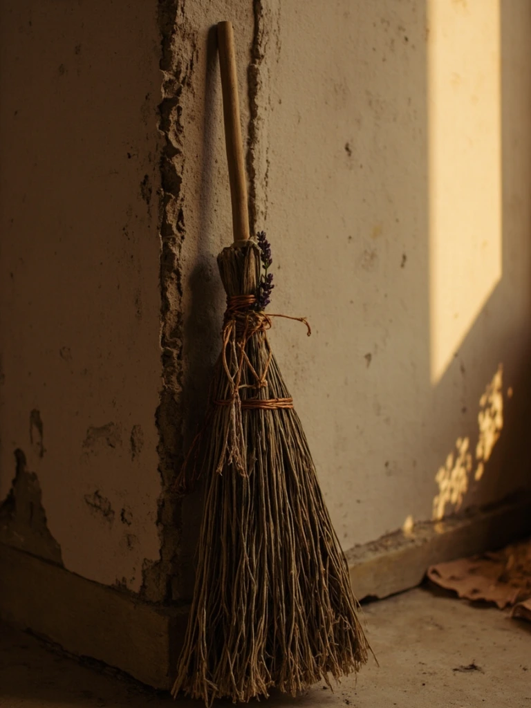 A small hand-tied ritual besom leaning against a plaster wall.