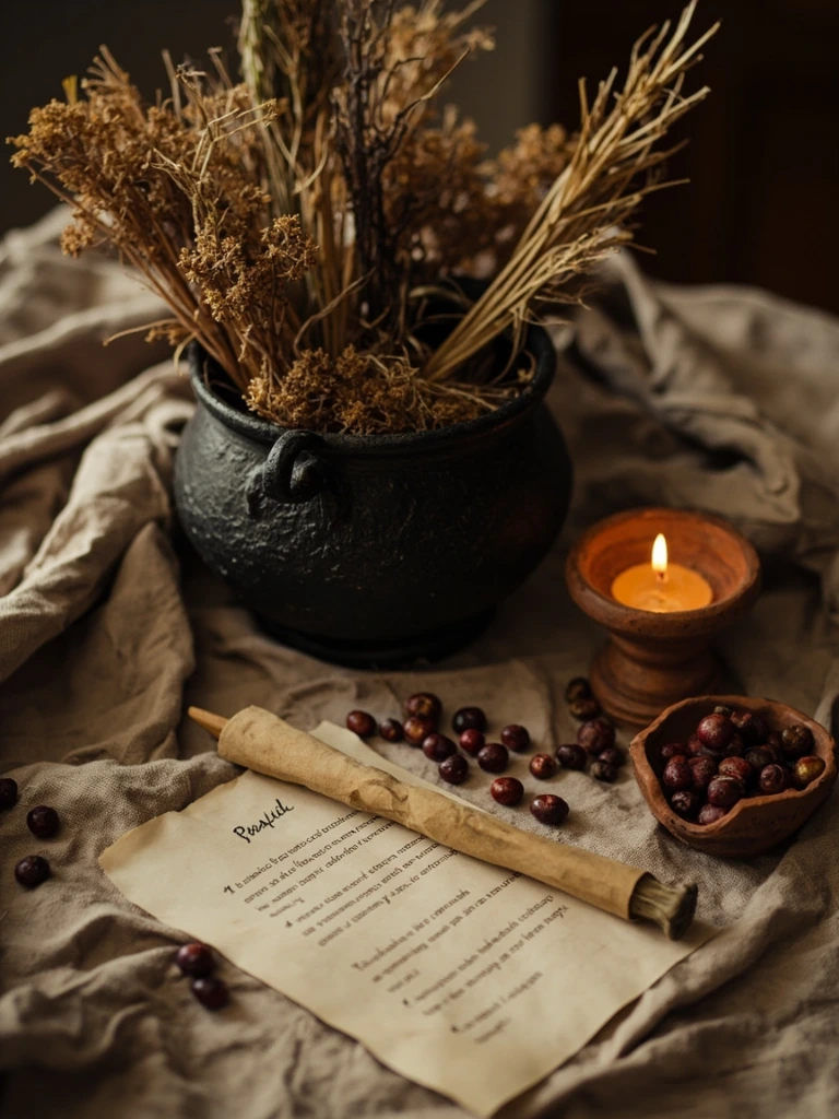 A linen altar laid with a small iron cauldron, dried herbs, and a beeswax taper — the lead essay's cover image.