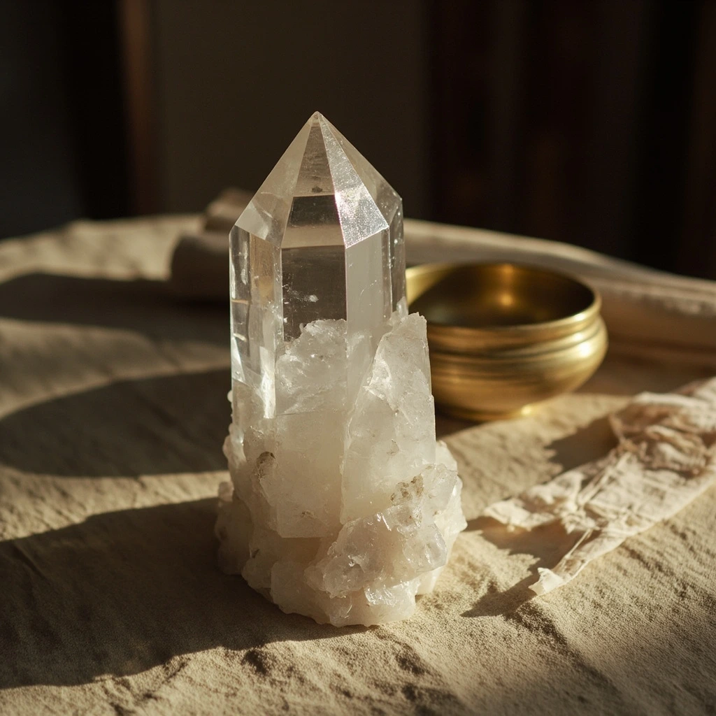 A clear quartz cluster beside a brass offering bowl.