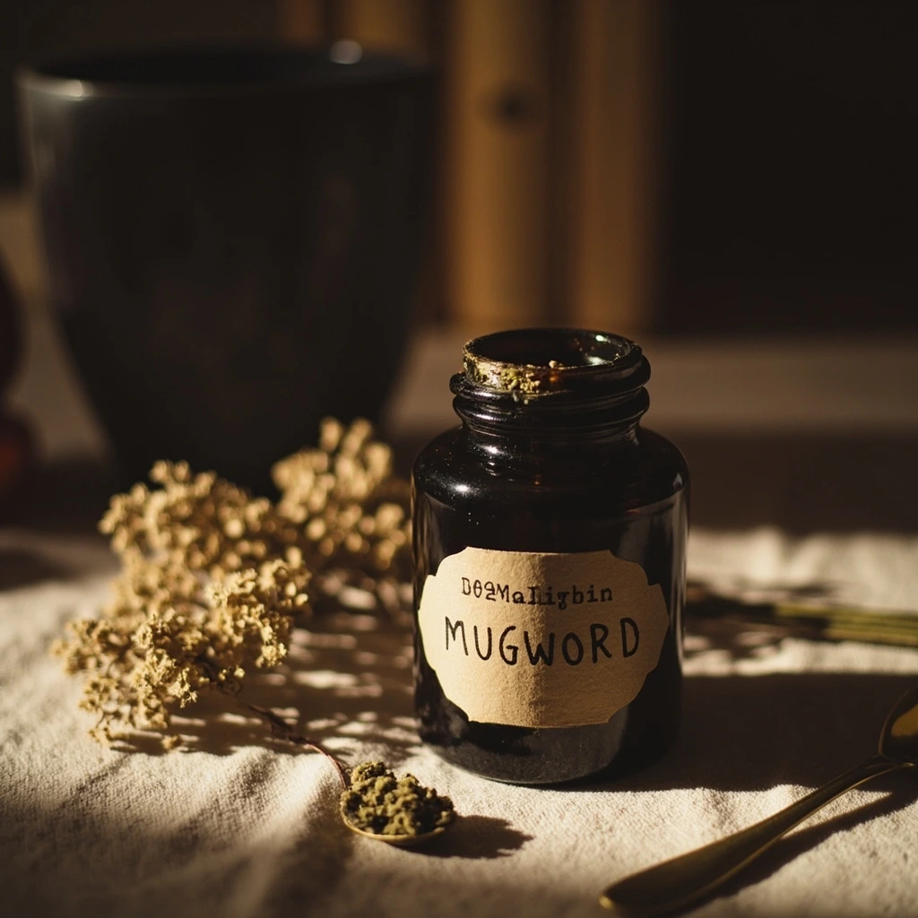 A dark-glass apothecary jar of dried herbs with a handwritten label.