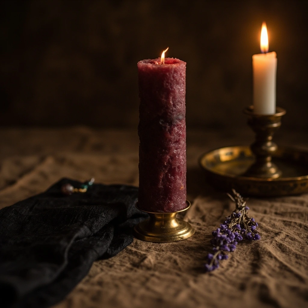 A hand-dipped burgundy seven-day altar candle on a brass holder.